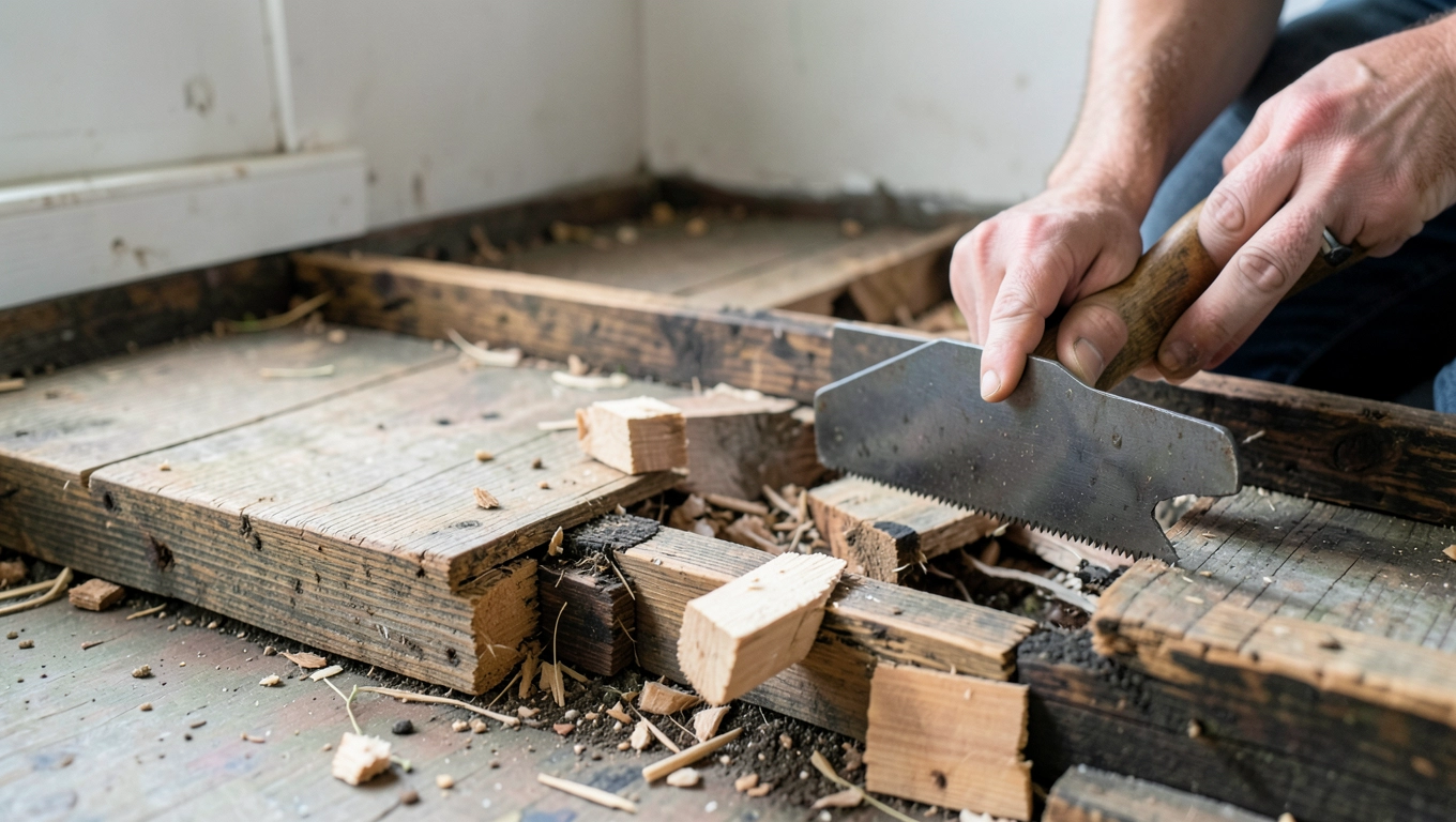 Demontaż starej podłogi na gruncie w domu